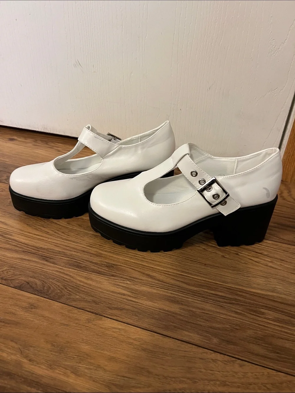White Mary Jane Platform Heels with Buckle Strap